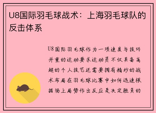 U8国际羽毛球战术：上海羽毛球队的反击体系